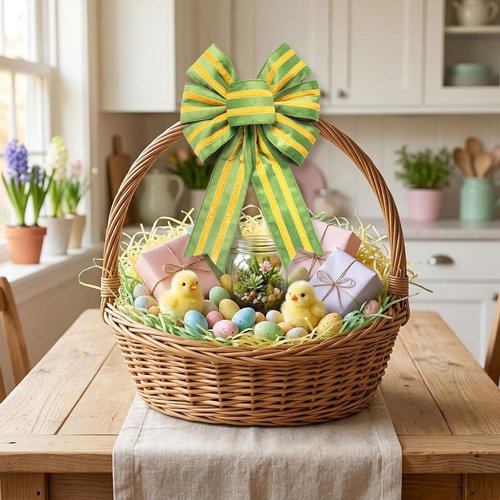 Hying Easter Wreath Bows - Yellow Green Stripes Burlap Decor for Front Door | 2 Pieces