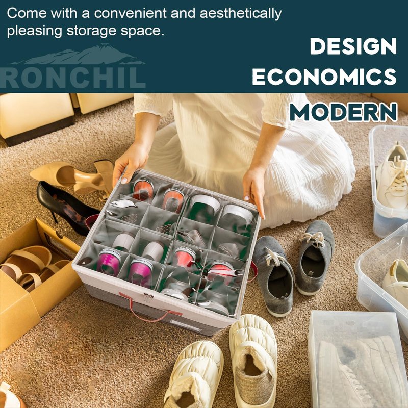 RONCHIL Shoe Organizer for Closet, Foldable Shoe Storage Bins with Clear Cover, Space Saving Shoes Holder with 4 Handles, Large Adjustable Shoe Box Storage Containers, Fits 12-24 Pairs, 2 Pack, Beige