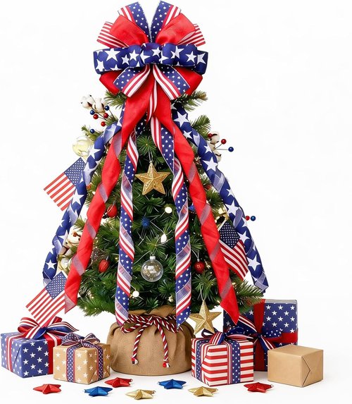 Large 4th of July Tree Topper Bow - Pre-Tied Patriotic Ribbon 52x13 Inch for Wreaths & Decor | Red, Blue, White