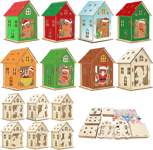 Fennoral 14-Pack Wooden Gingerbread House Craft Kit - DIY 3D Christmas Decorations for Kids