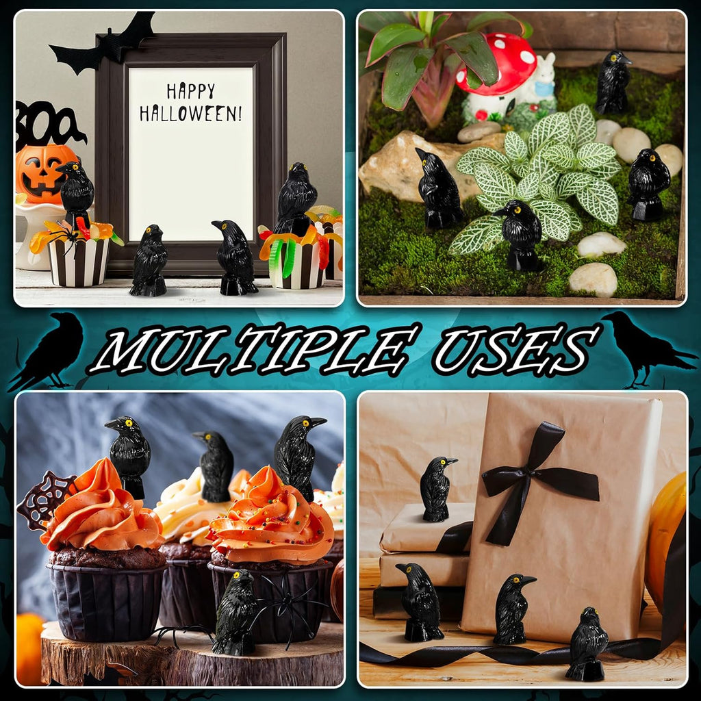 Skiennix Miniature Crows Decor - 200 Pcs Black Resin Raven Figurines for Spooky Holiday Scenes