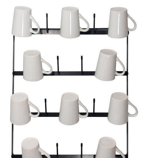 Wall Mounted Coffee Mug Rack - Large Rustic Black Iron Steel Kitchen Rack with 6 Rows - Storage for 27 Cups - Jar & Plate Holder - Vertical Display Organizer - Farmhouse Home Décor - Claimed Corner