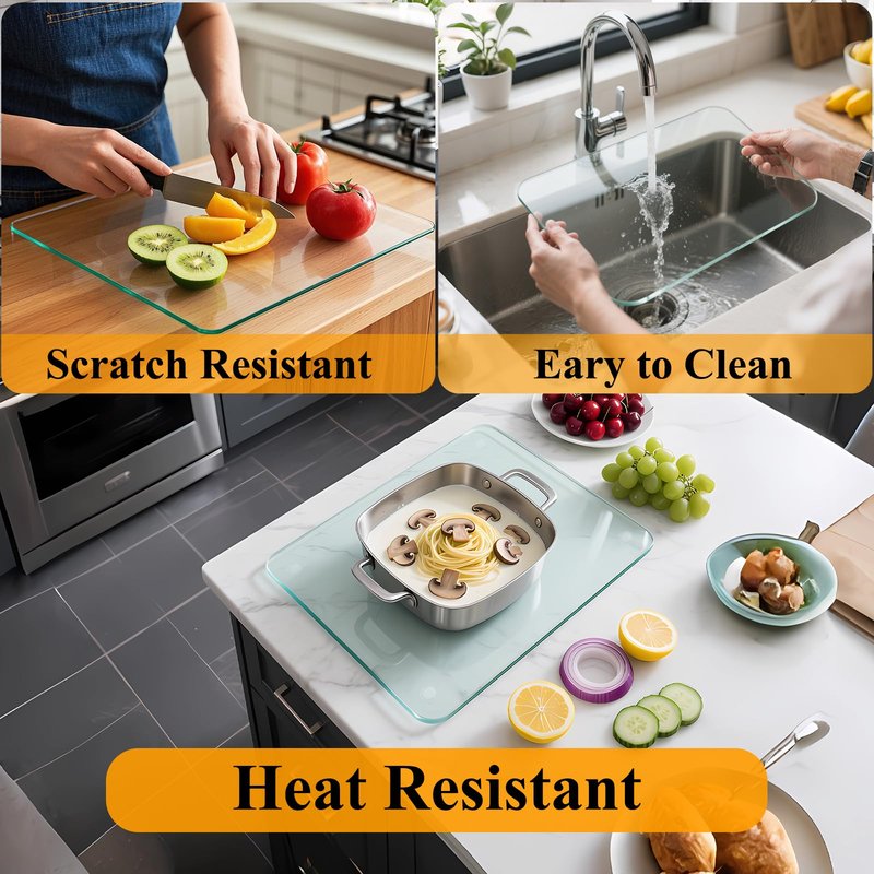Tempered Glass Cutting Board for Kitchen, 18 x 24 Inch Clear Cutting Board with Non-Slip Feet for Countertop, Dishwasher Safe, Rounded Corner Board, Shatter, Heat & Scratch Resistant-Clear