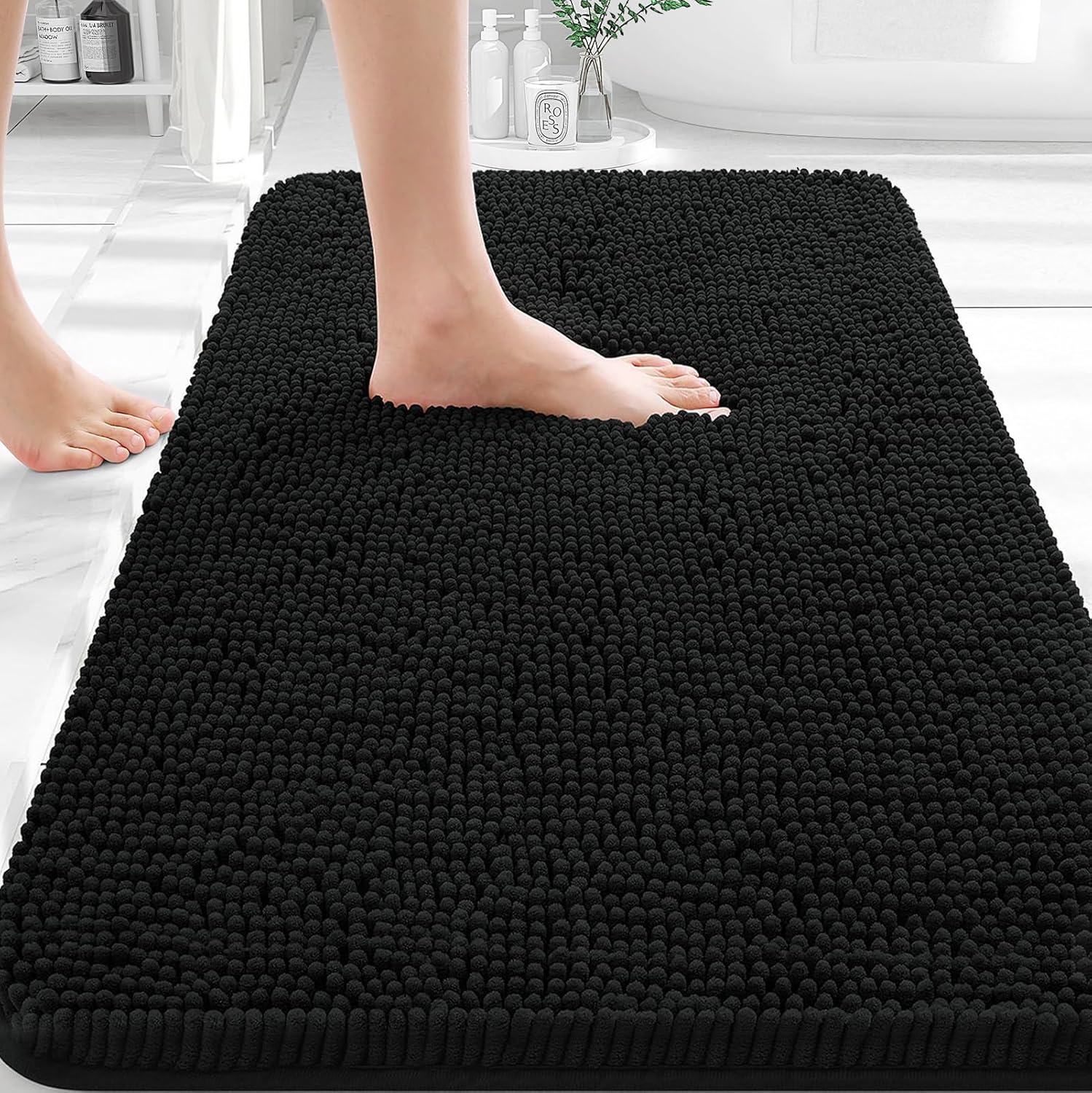 OLANLY Bathroom Rugs - Extra Soft Chenille Bath Mats | Quick Dry, Machine Washable, 35x24 inches, Black
