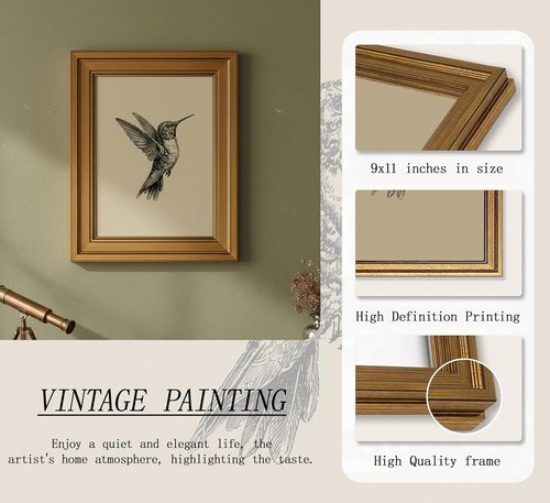 MDHFJEAW Vintage Gold Framed Hummingbird Wall Art | Retro Black and White Canvas Print, 9x11 In