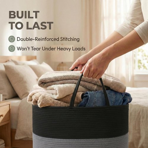 JMvicyroam 65L Extra Large Blanket Basket - Woven Cotton Rope Laundry Hamper with Handles | Machine Washable Black & Grey Storage Bin for Pillows, Comforters & Toys