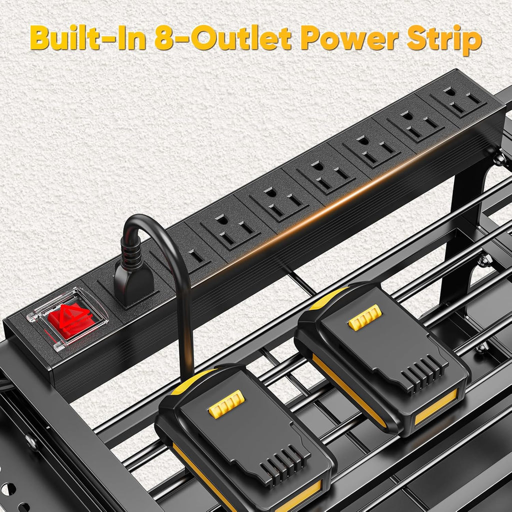 POKIPO Power Tool Organizer - 49.5" Wall Mount with Charging Station & 8 Outlet Power Strip | Heavy Duty 4 Tier Storage for 12 Cordless Drills