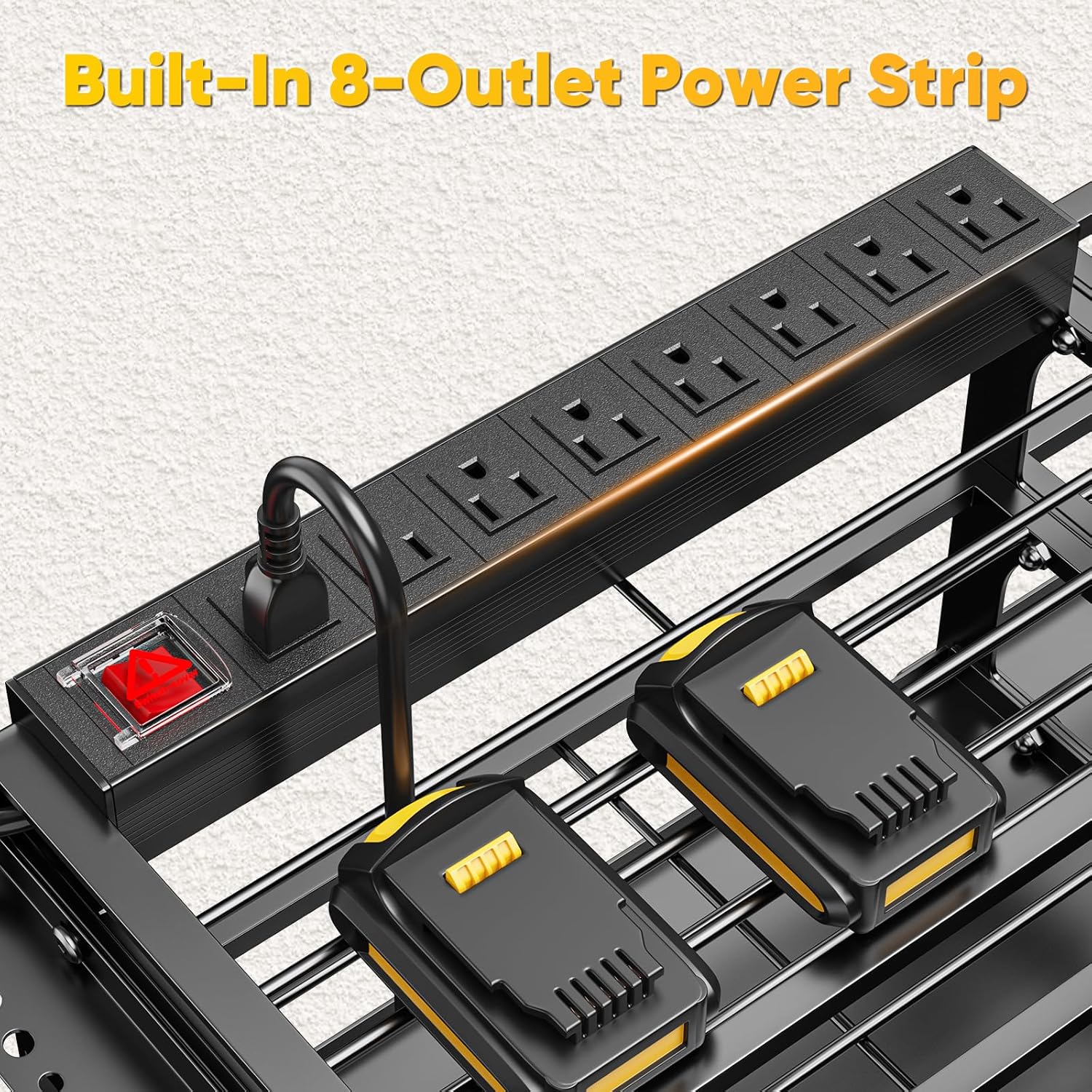 POKIPO Power Tool Organizer - 49.5" Wall Mount with Charging Station & 8 Outlet Power Strip | Heavy Duty 4 Tier Storage for 12 Cordless Drills