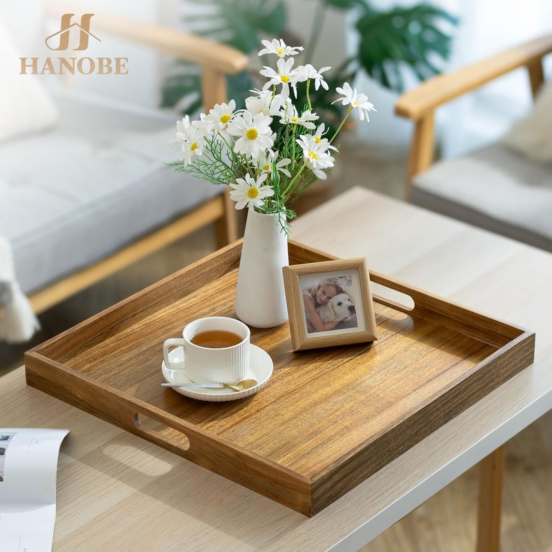 Hanobe Ottoman Tray for Table Top: 20'‘ Large Wood Decorative Trays for Home Decor - Acacia Coffee Table Serving Tray with Handles for Living Room