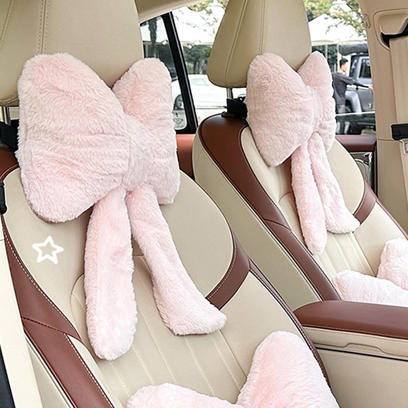 UINSUE Car Neck Pillow 2PCS Plush Bowknot Car Headrest Pillow – Comfortable Neck Support for Driving Soft Touch Fabric Car Pillow Cute Interior Decor (Pink)