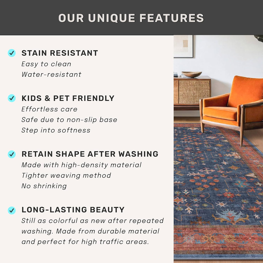 Skiennix Navy Blue Washable Runner Rug - 10 ft Long, Pet-Friendly, Non-Slip, Stain Resistant, 2'6" x 10'