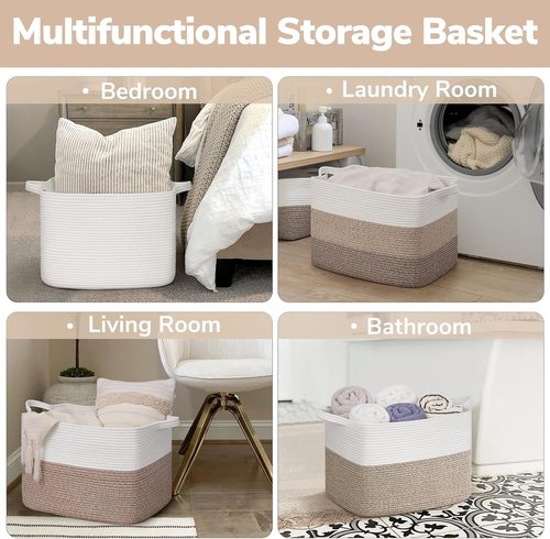 Goodpick Woven Baskets - Large 18" x 14" x 12" Rectangle Storage for Blankets & Toys | White & Brown Home Decor