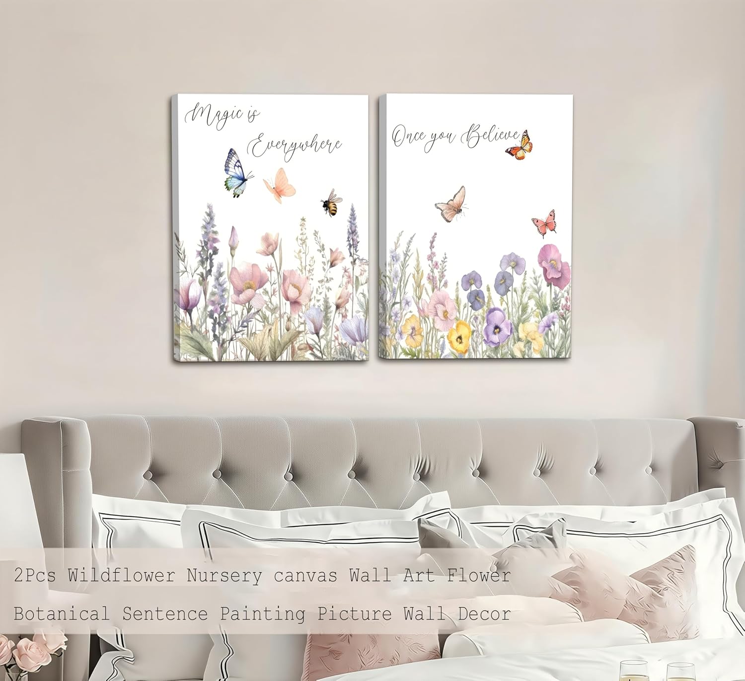 Skiennix Wildflower Nursery Canvas Wall Art - Inspirational Floral Paintings for Baby Room | 2-Piece Set
