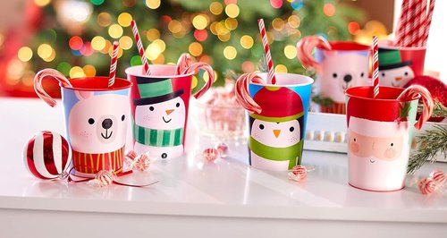 American Greetings Reusable Plastic Cups - 8-Count, 16 oz. Christmas Party Supplies with Santa & Snowman Design