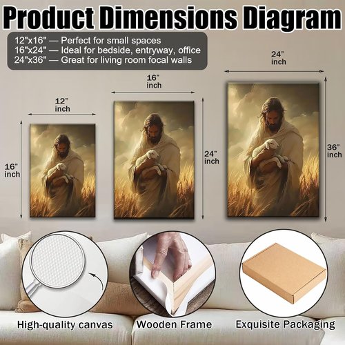 Jesus Holding Lamb Framed Canvas Wall Art - Christian Good Shepherd Painting for Home & Church | 12x16 Inch Ready to Hang