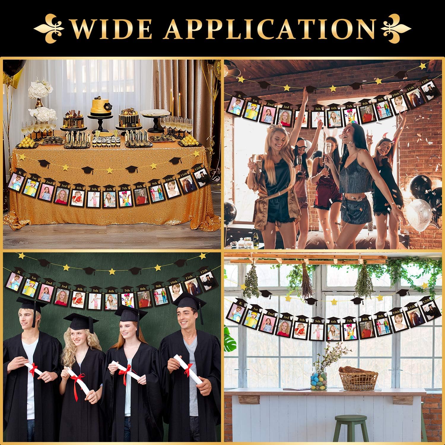 Whaline Graduation Photo Banner - No DIY Required | Black Gold Glitter Bunting for K-12 Decor, 5 x 7 Inch