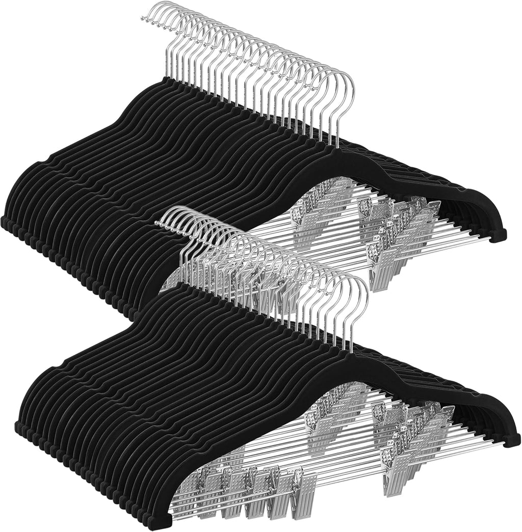 SONGMICS Velvet Pants Hangers - 50-Pack Adjustable Clips, Heavy-Duty, Non-Slip, Space-Saving, Black