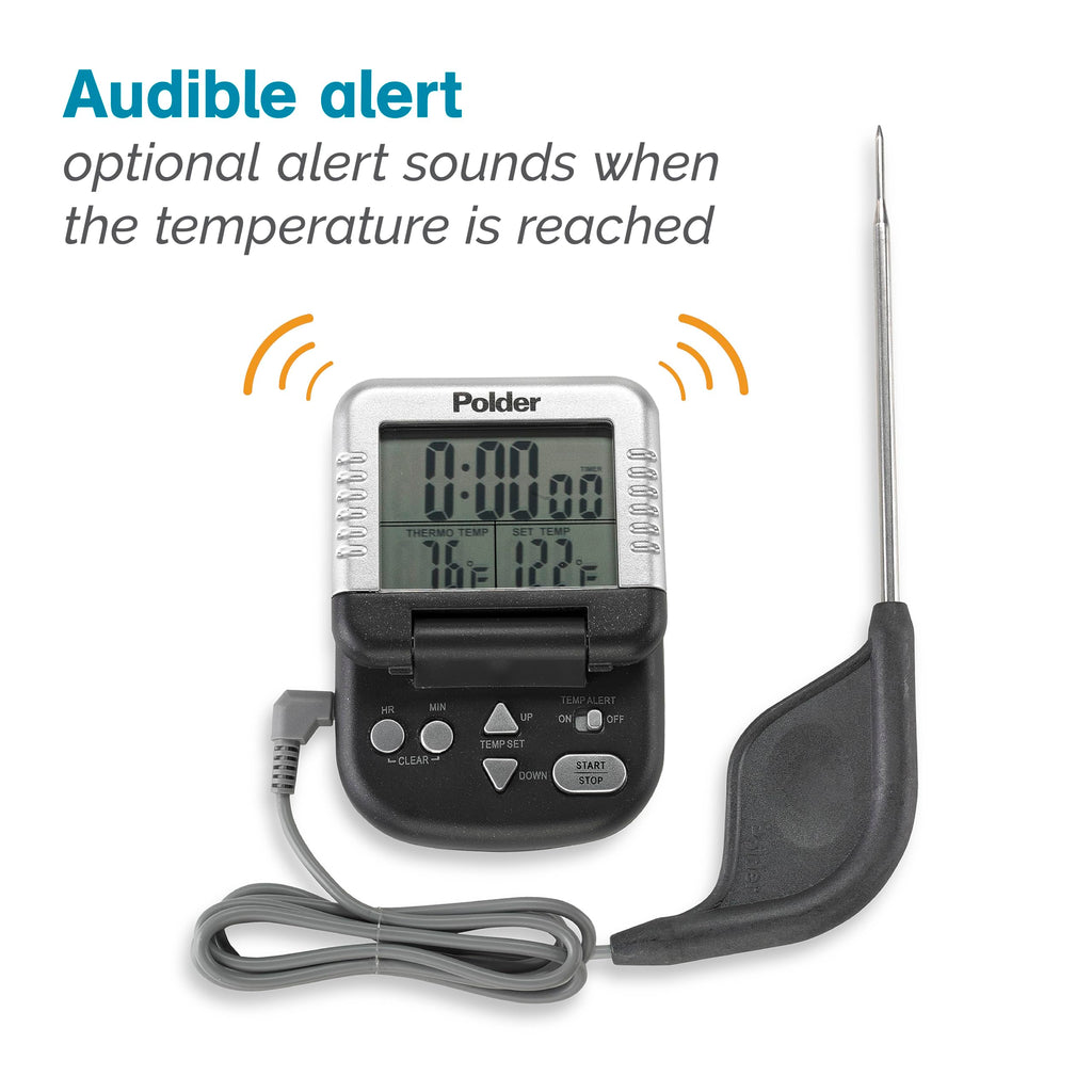 Polder Classic Digital Thermometer and Timer, Meat Thermometer for Cooking, Stainless Steel Probe, 24-Hour Countdown Timer with 40" Long, High-Heat Silicone Cord
