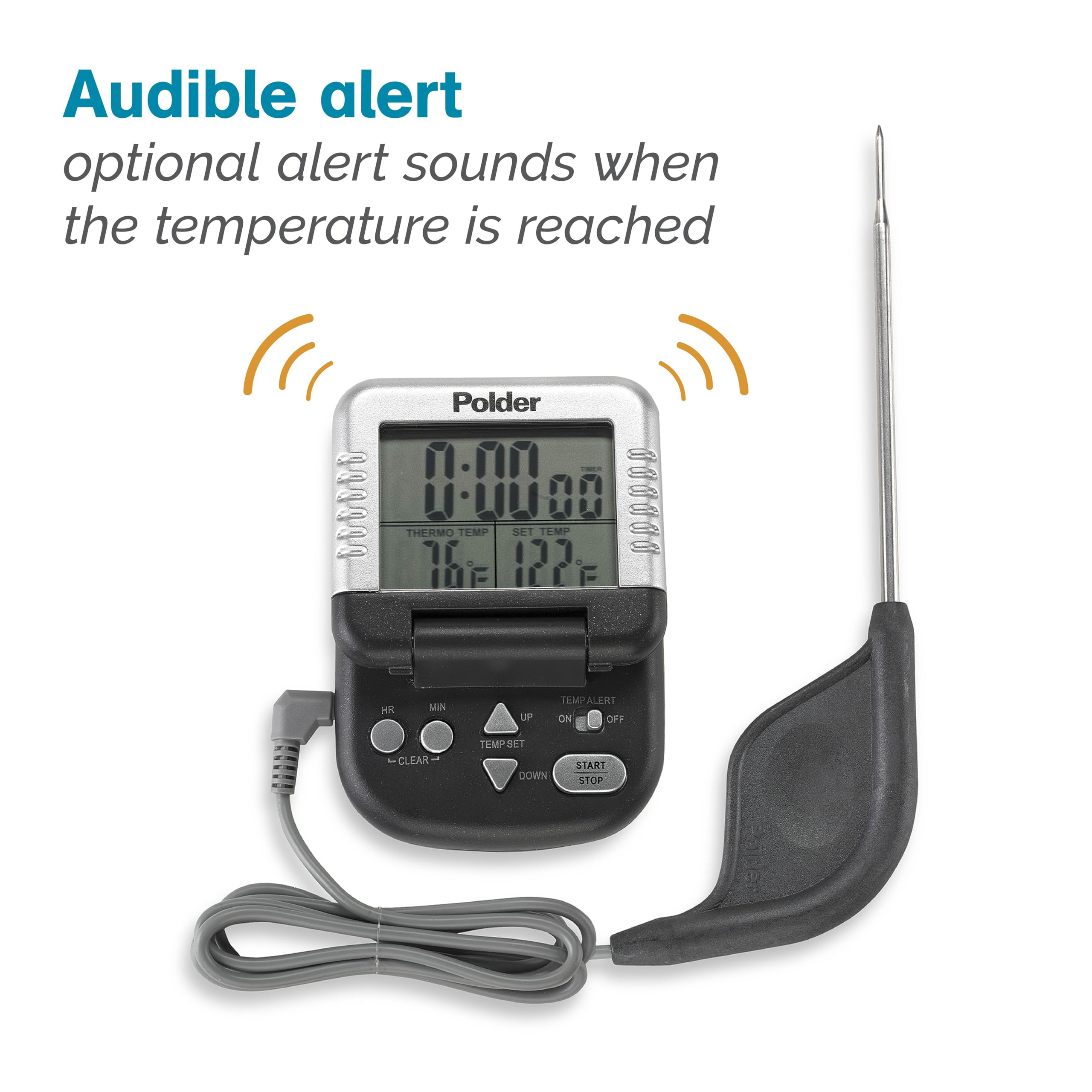 Polder Classic Digital Thermometer and Timer, Meat Thermometer for Cooking, Stainless Steel Probe, 24-Hour Countdown Timer with 40" Long, High-Heat Silicone Cord