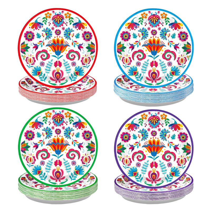Grencian 60Pcs Mexican Fiesta Paper Plates 9" Heavy Duty Disposable White Mandala Floral Platters Cinco de Mayo Dessert Plates for Cinco De Mayo Taco Tuesday Birthday Party Supplies Decoration