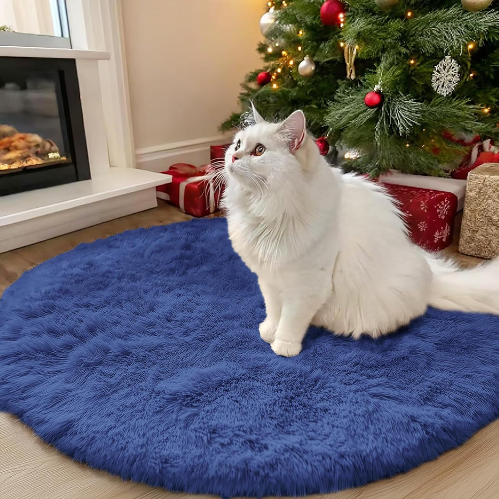 OLANLY Navy Blue Round Area Rug - Soft, Fluffy, Machine Washable 3 ft Carpet for Bedroom & Living Room Decor