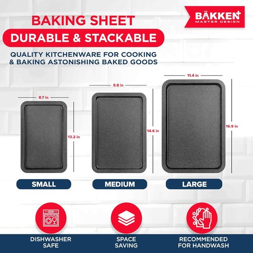 BAKKEN 3-Piece Nonstick Baking Pan Set - Stackable Cookie Trays, Oven Safe Up to 450°F, Gray Marble