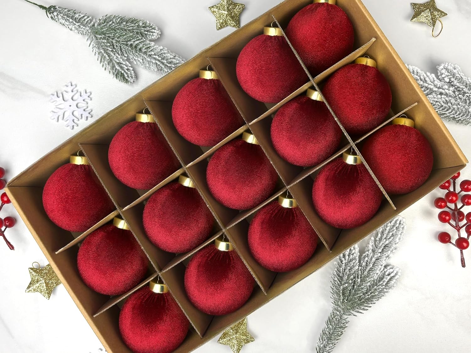 Regine Switzerland Dark Red Velvet Christmas Tree Ornaments - 15 PCS Shatterproof 3.15 Inch Baubles