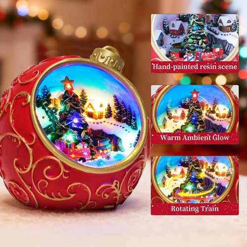 6.3" Animated Musical Christmas Village Figurines with Rotating Train and Lights, Auto 6H Timer and Volume Control, USB-C/Battery Powered Christmas Decorations for Table Decor Xmas Gift