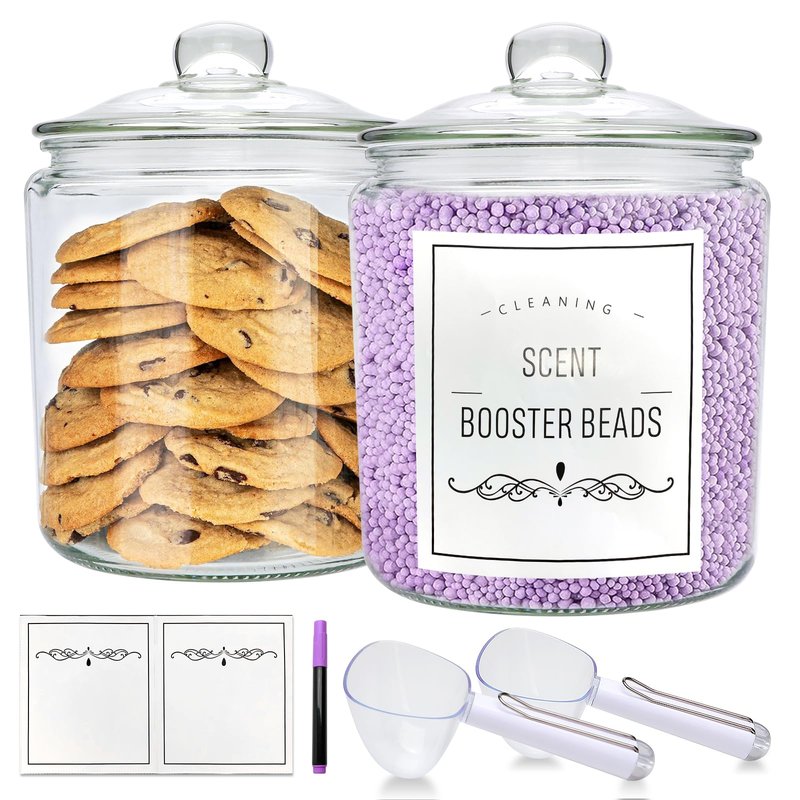 1 Gallon Glass Jars with Lids and Scoops,Clear Glass Storage Containers with Labels for Laundry Room Organization,Large Glass Canisters Set for Kitchen Pantry,Laundry Supplies,Bathroom,2 Pack