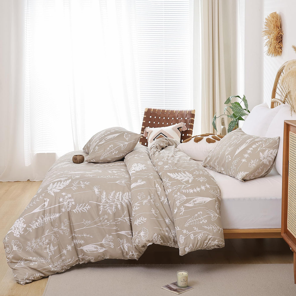 JANZAA Duvet Cover King Oatmeal Boho Duvet Cover with White Floral Patterns Botanical Bedding Soft Microfiber Bed Cover with Zipper Closure 4 Ties (2 Pillow Cases)