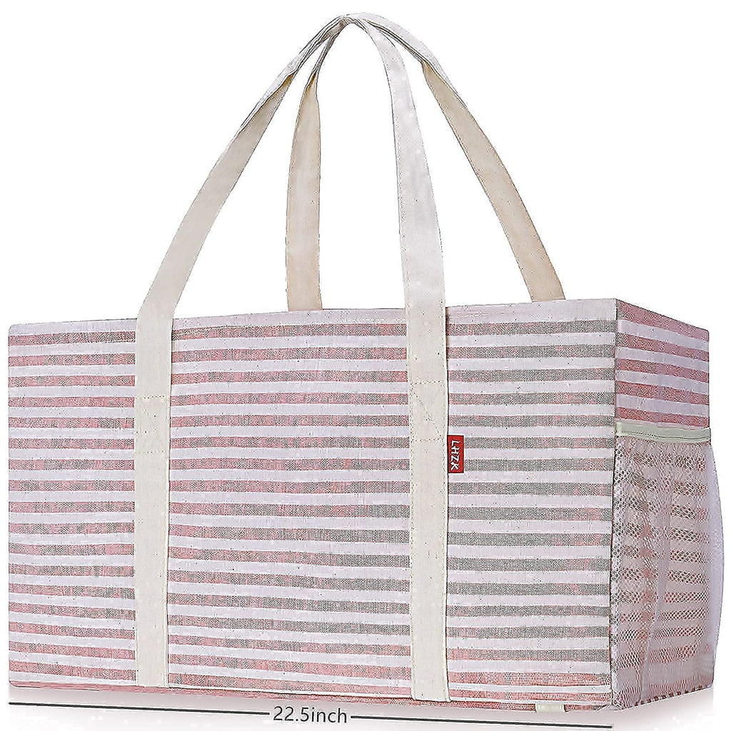 LHZK 2-Pack Standing Extra Large Utility Tote Bag with Metal Wire Frame and the Sides Rinforced, Large Collapsible Canvas Utility Tote (Gray/Pink)