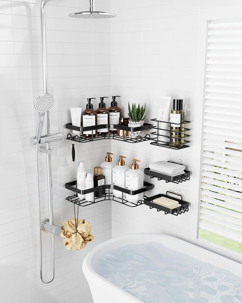 Sakugi Corner Shower Caddy - Rustproof Metal Organizer with Soap & Toothbrush Holder | Large, Black