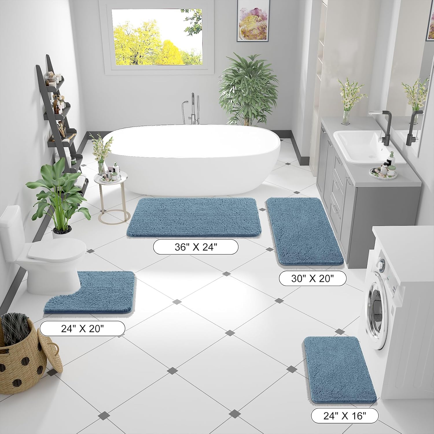 OLANLY Bathroom Runner Rugs - Soft Absorbent Chenille Bath Mat with Rubber Backing | 47x24, Airy Blue