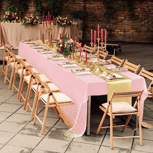 Breling 8 Pack Pink and Gold Disposable Plastic Tablecloths and Satin Table Runner Set, 54 x 108 Inch Tablecloth, 12 x 108 Inch Table Runners for Wedding Graduation Birthday Baby Shower
