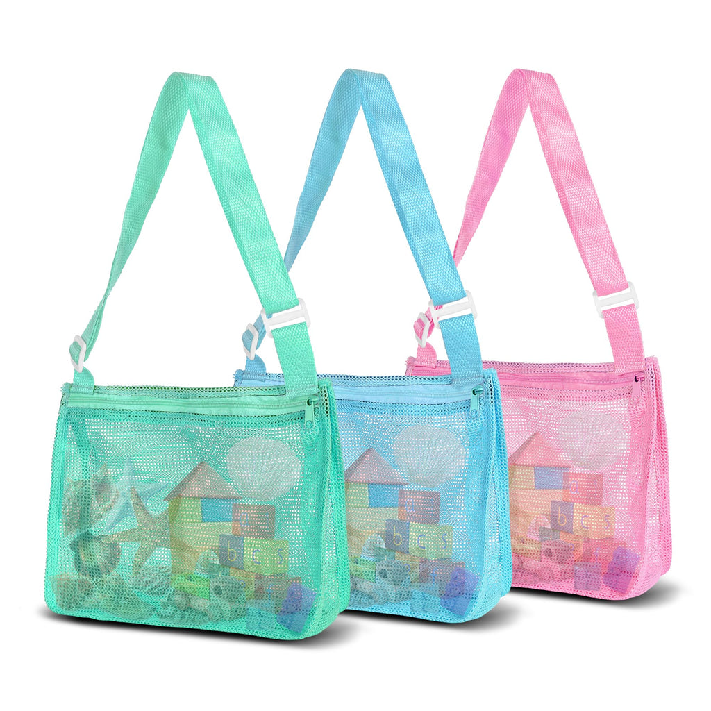 VOROLO 3PCS Mesh Beach Bag for Holding Toys,Sand Towels Tote for Kids Seashell Collecting,Shell Bags for Children Picnic,Swimming Accessories for Boys and Girls