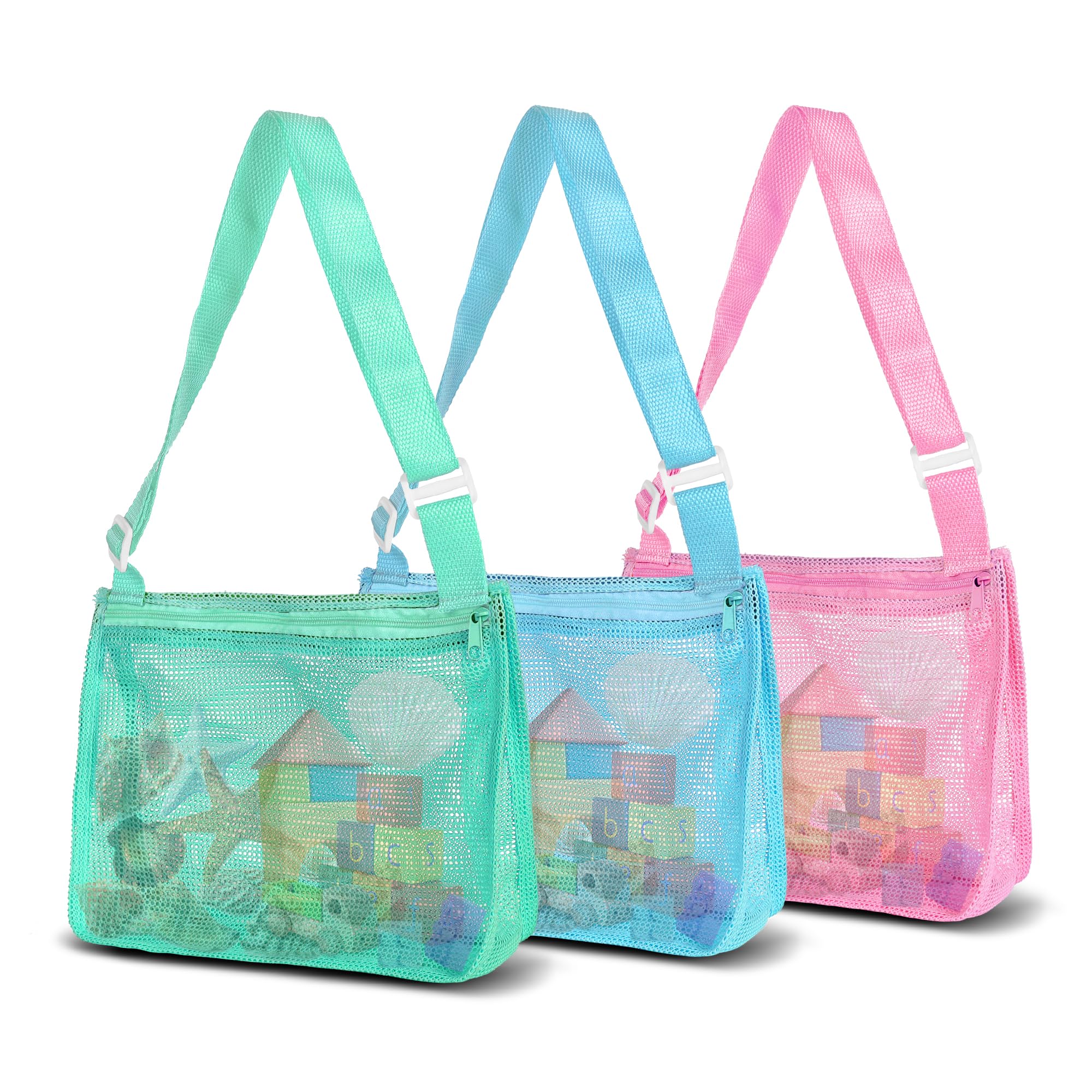 VOROLO 3PCS Mesh Beach Bag for Holding Toys,Sand Towels Tote for Kids Seashell Collecting,Shell Bags for Children Picnic,Swimming Accessories for Boys and Girls