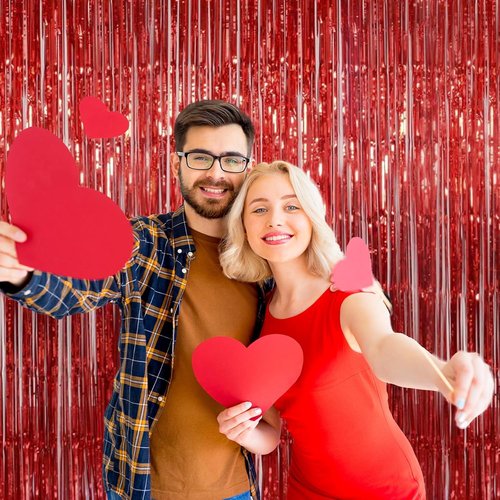 Melsan Red Tinsel Fringe Backdrop - 3.2 x 8 Ft Metallic Foil Curtains for Parties & Photo Booths | 2 Packs