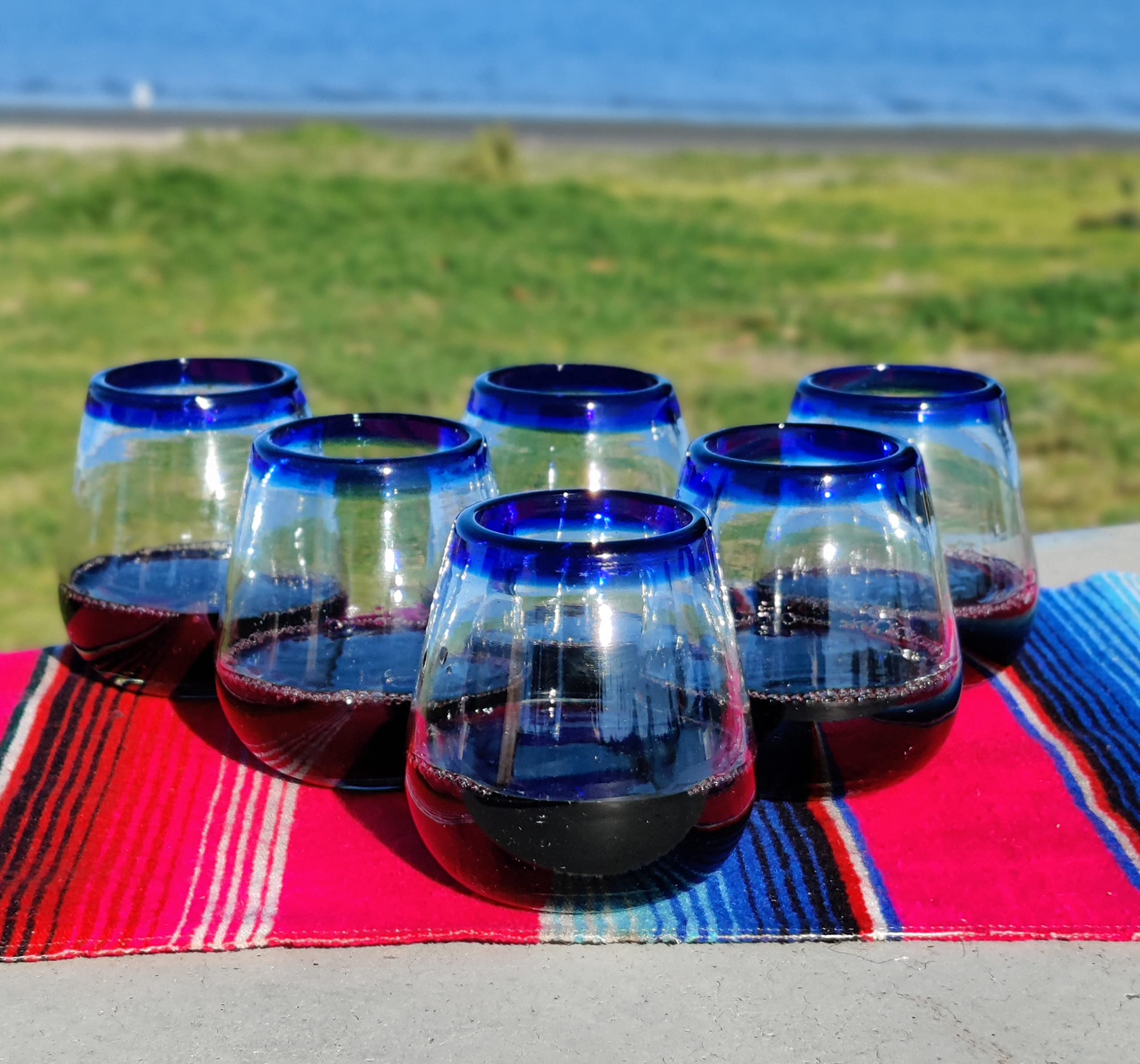 Dos Sueños Hand Blown Mexican Stemless Wine Glasses - Set of 6 Glasses with Cobalt Blue Rims (15 oz)