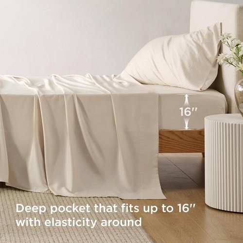 Bedsure Cooling Sheets - Twin XL Bamboo Rayon | Breathable, Soft & Deep Pocket Up to 16" - Light Beige