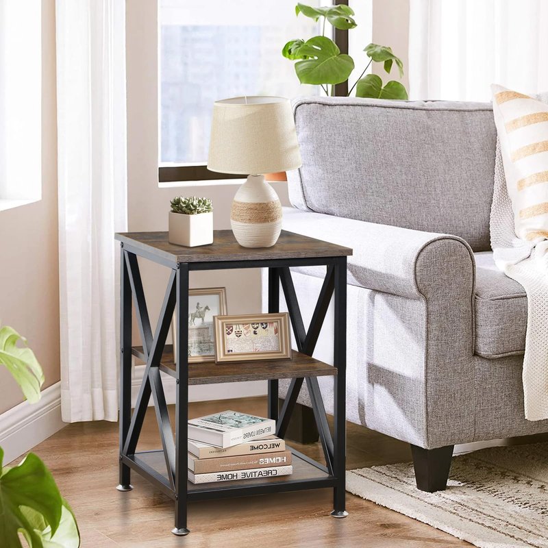 TooCust Square End Table with Storage Shelf, 16" D X 16" W X 24" H, 3-Tier End Table Living Room, Rustic Brown End Tables, X-Shaped Night Stand for Bedroom, Farmhouse Wood End Tables