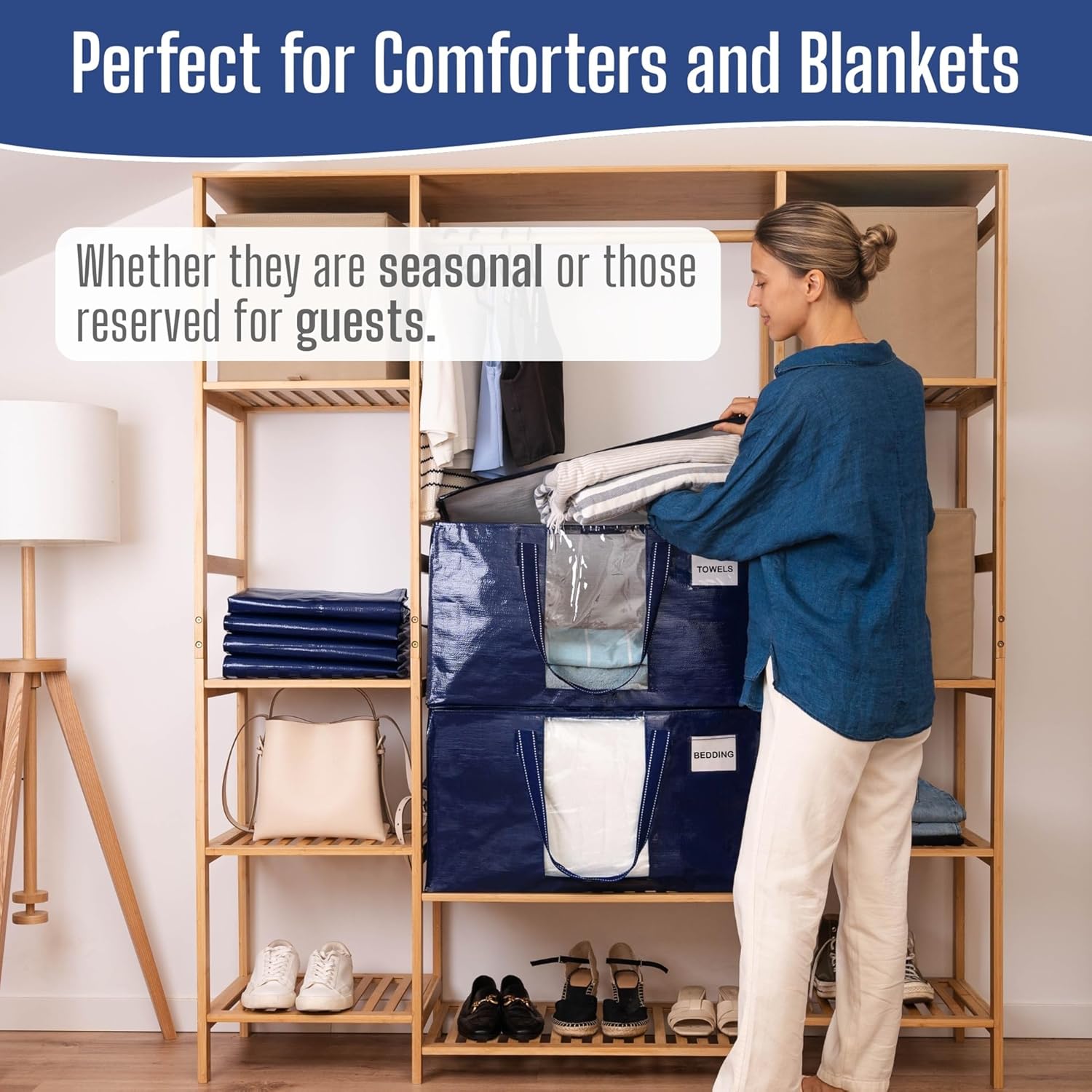 VENO Heavy Duty Moving Bags - Clear Window Storage for Clothes & Comforters | Foldable & Durable (Blue, 2 Pack)