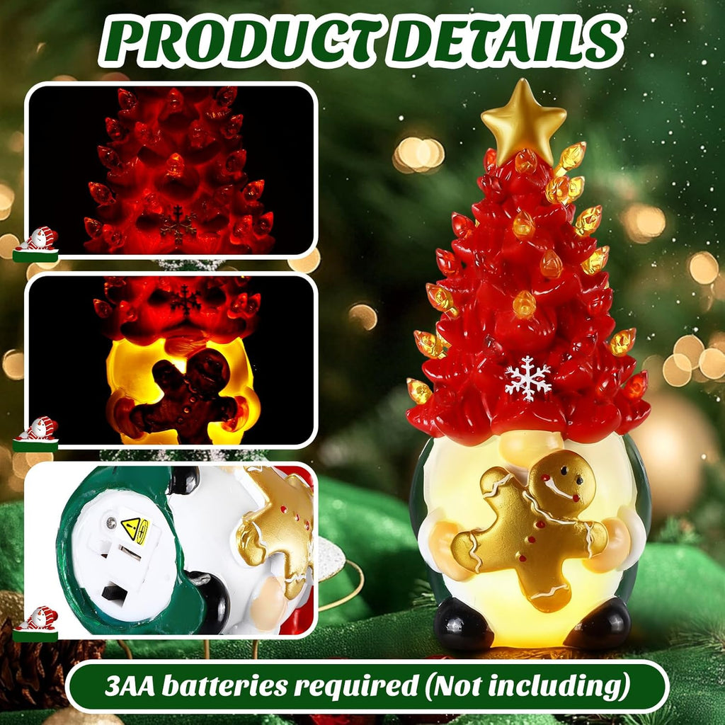 Riakrum Gnome Christmas Tree Decor - Lighted Gingerbread Man & Snowflakes | 6.5” Resin Winter Centerpieces