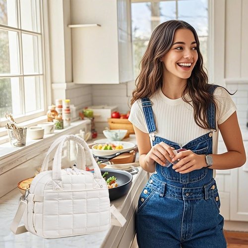 LEDAOU Lunch Box for Women Lunch bag Quilted Puffer Lunch Box with Adjustable Strap Insulated Reusable LunchBox for Work School Picnic Travel