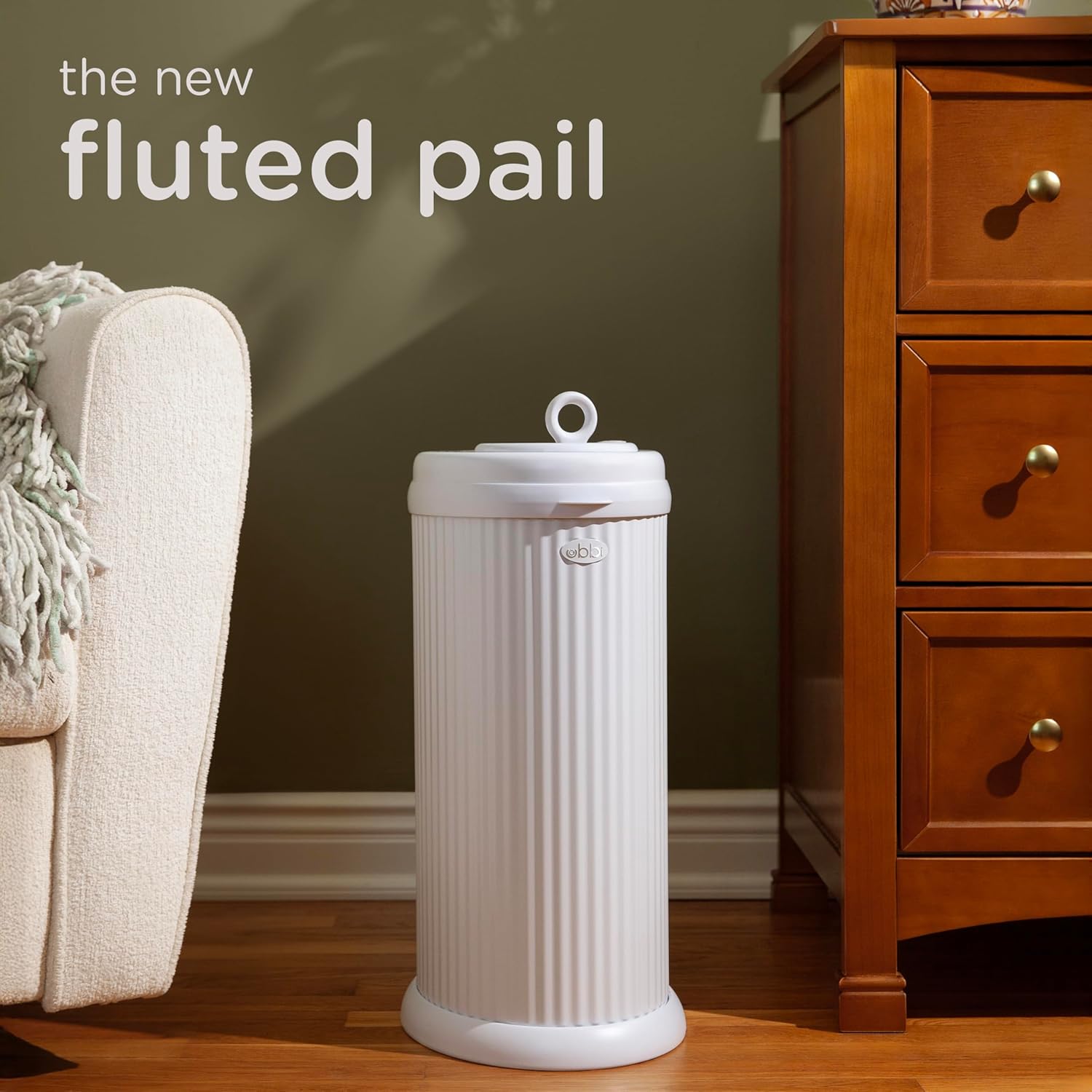 Ubbi Fluted Stainless Steel Diaper Pail - Odor Locking Design, No Special Bags Needed | White