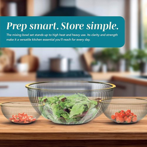 Cook With Color 12-Pc Glass Mixing Bowl Set - Borosilicate Nesting Bowls with Lids & Gold Rim