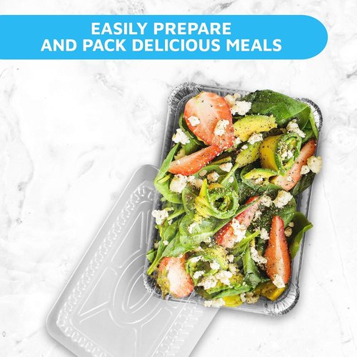 MontoPack Disposable Takeout Pans - 2lb Aluminum Foil Food Containers with Clear Lids | Eco-Friendly 50-Pack | 8x5.5” Drip Pans