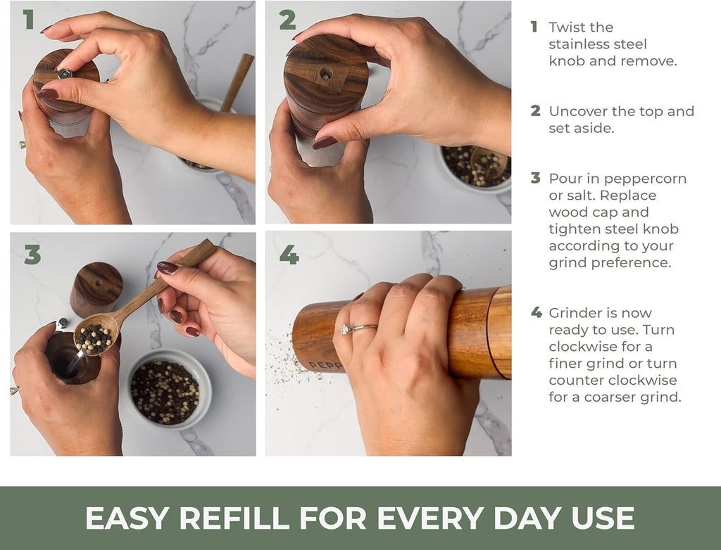 Saffron & Sage Premium Acacia Wood Salt and Pepper Grinder Set | 8” Tall with Adjustable Coarse Settings