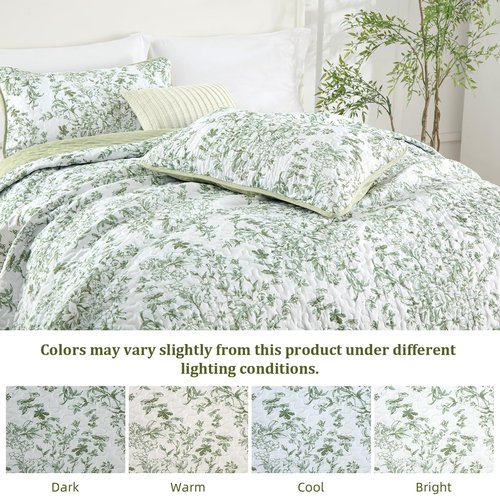 WONGS BEDDING California King Quilt Sets, Sage Green Quilt Bedding Set with 2 Pillowcases, Botanical Quilt for Cal King Bed, Soft Microfiber Lightweight Coverlet Bedspread for All Season (112"×96")