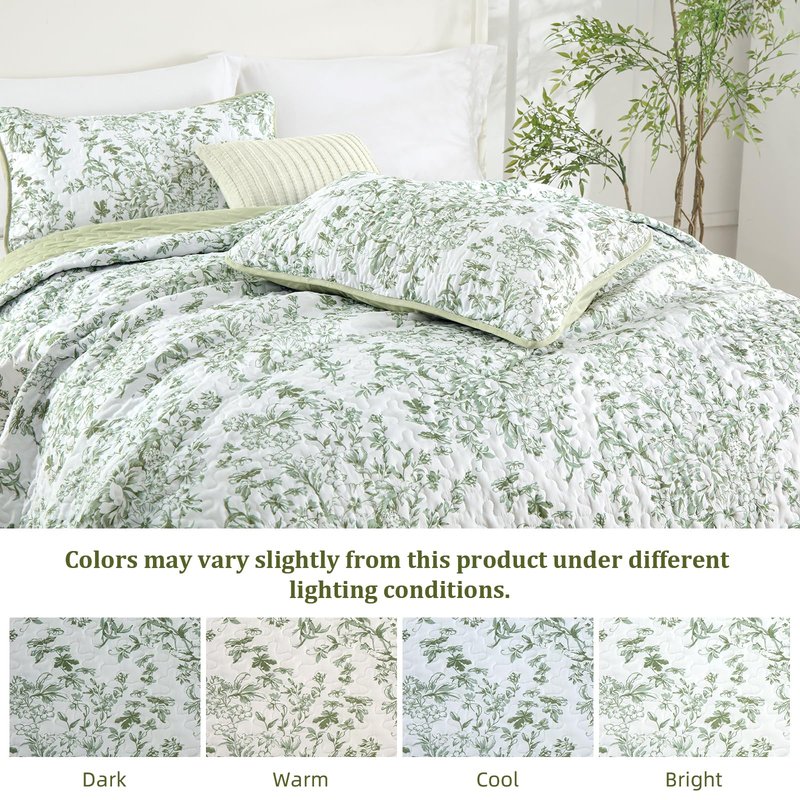 WONGS BEDDING California King Quilt Sets, Sage Green Quilt Bedding Set with 2 Pillowcases, Botanical Quilt for Cal King Bed, Soft Microfiber Lightweight Coverlet Bedspread for All Season (112"×96")