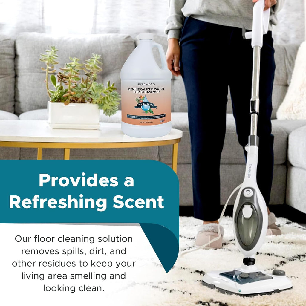 Steam & Go Demineralized Water | PVC-Free Multi-Surface Cleaner for Steam Mops - Tropical Bloom, 128 Fl Oz
